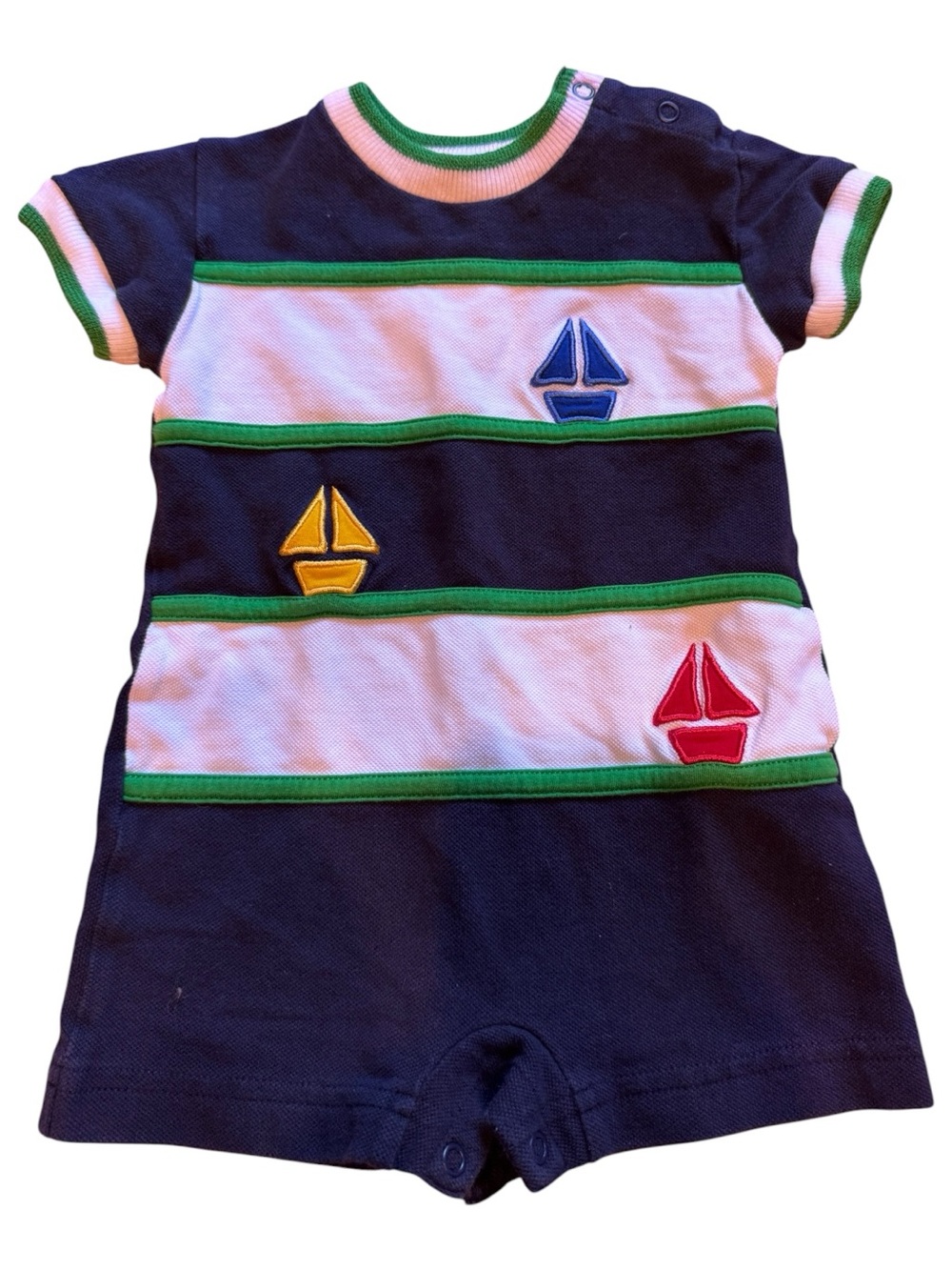 Florence Eiseman Sailboat Appliqué Shortall Romper – Baby 12 Months Navy